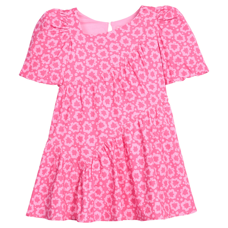 Pink "maple leaf" floral dress that features a button closure on back of neckline and asymmetrical pleating detail across body of dress. 