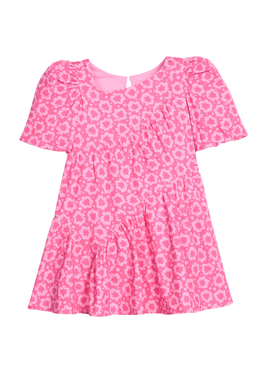 Pink "maple leaf" floral dress that features a button closure on back of neckline and asymmetrical pleating detail across body of dress. 