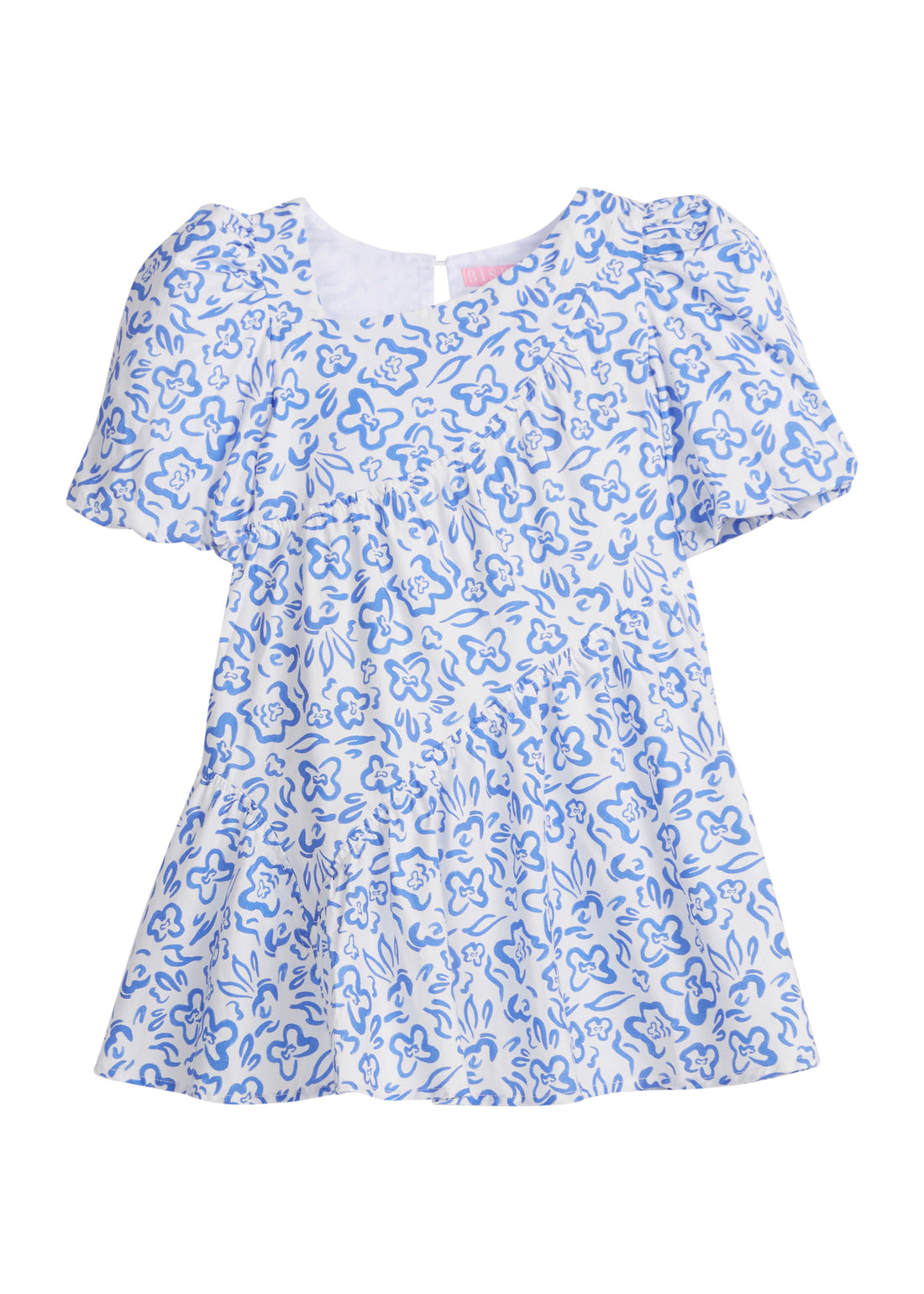 Girls/Tween woven dress in a royal blue and white floral pattern. Dress features a fun asymmetrical hem which adds a fun feature to the dress. Dress also has slight puff sleeves and also has a keyhole button closure on back of neckline. 