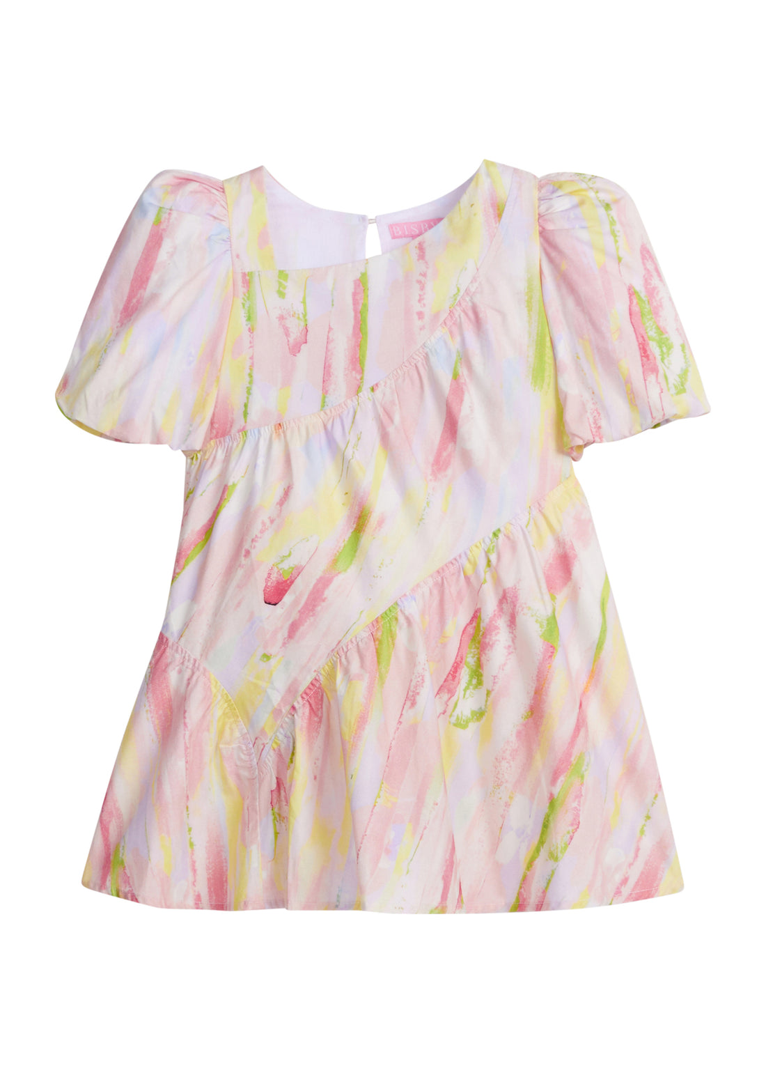 Girls/Tween woven dress in a bright pink/yellow/green watercolor print. Dress features a fun asymmetrical hem which adds a fun feature to the dress. Dress also has slight puff sleeves and also has a keyhole button closure on back of neckline. 