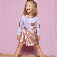 BISBY girl seen wearing our Circle Skirt in Pink Lame paired with our Breton Top in our Lilac Stripe-BISBY Girl