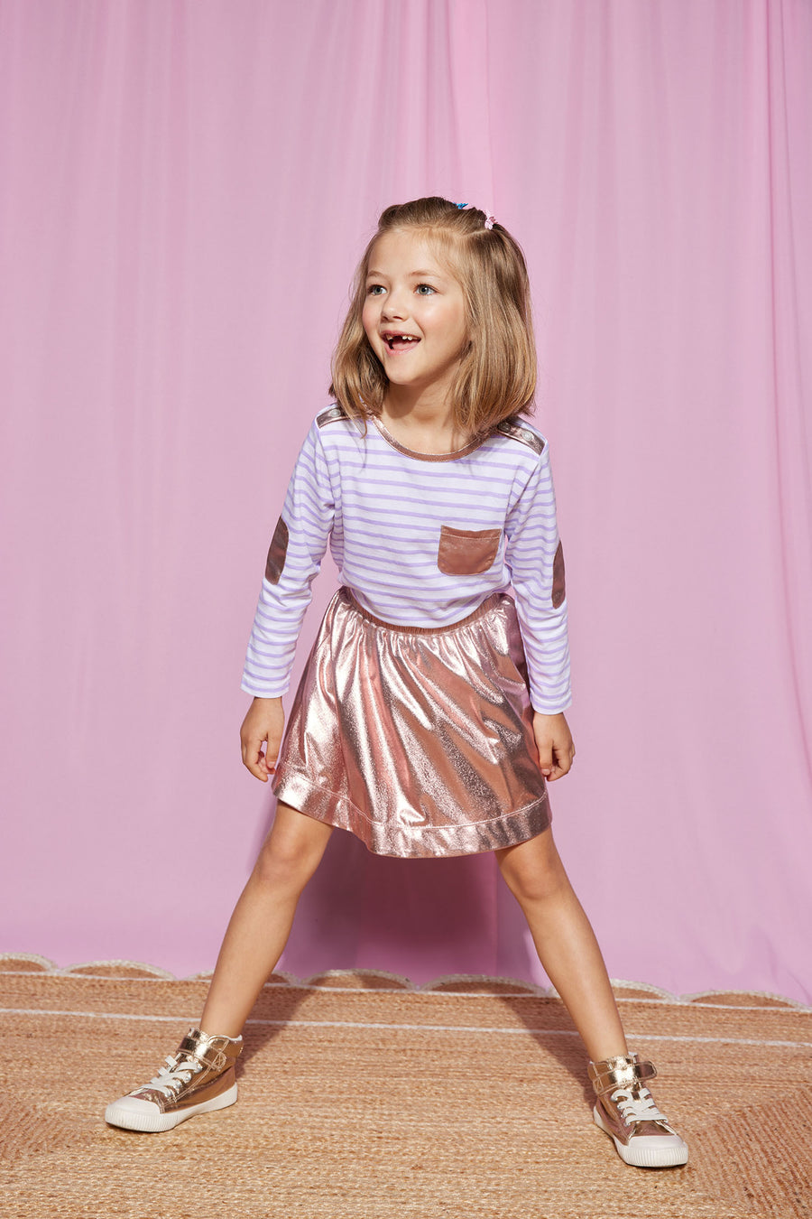 BISBY girl seen wearing our Circle Skirt in Pink Lame paired with our Breton Top in our Lilac Stripe-BISBY Girl