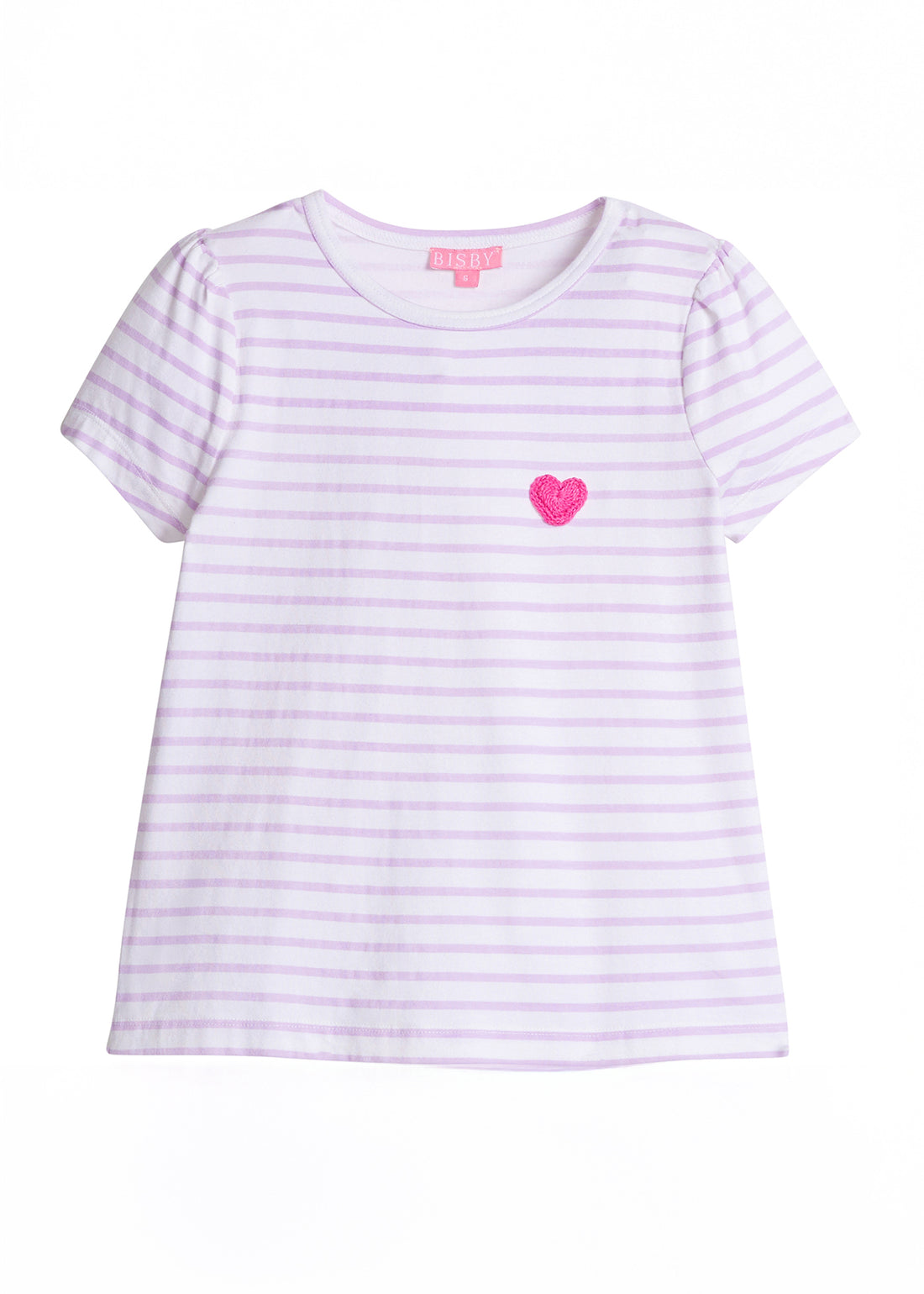 Girls/Tween short sleeve t-shirt in a soft knit material. Top is in a lilac stripe pattern and features a hot pink embroidered heart for a pop of fun.