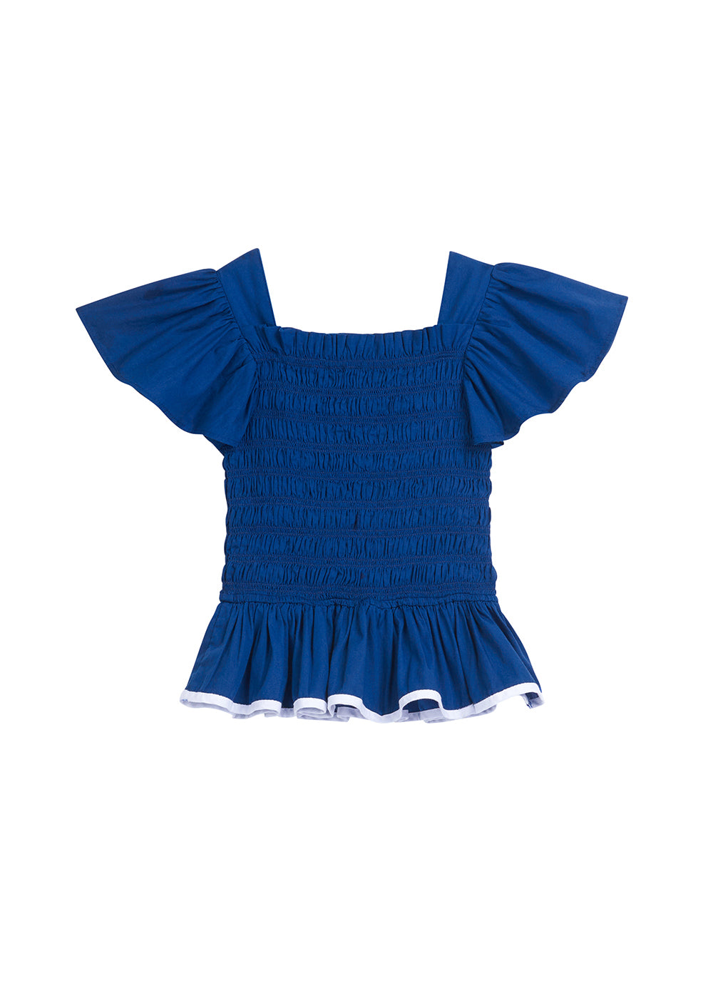 tween girls peplum ruched top in navy with white trim