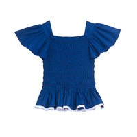 tween girls peplum ruched top in navy with white trim