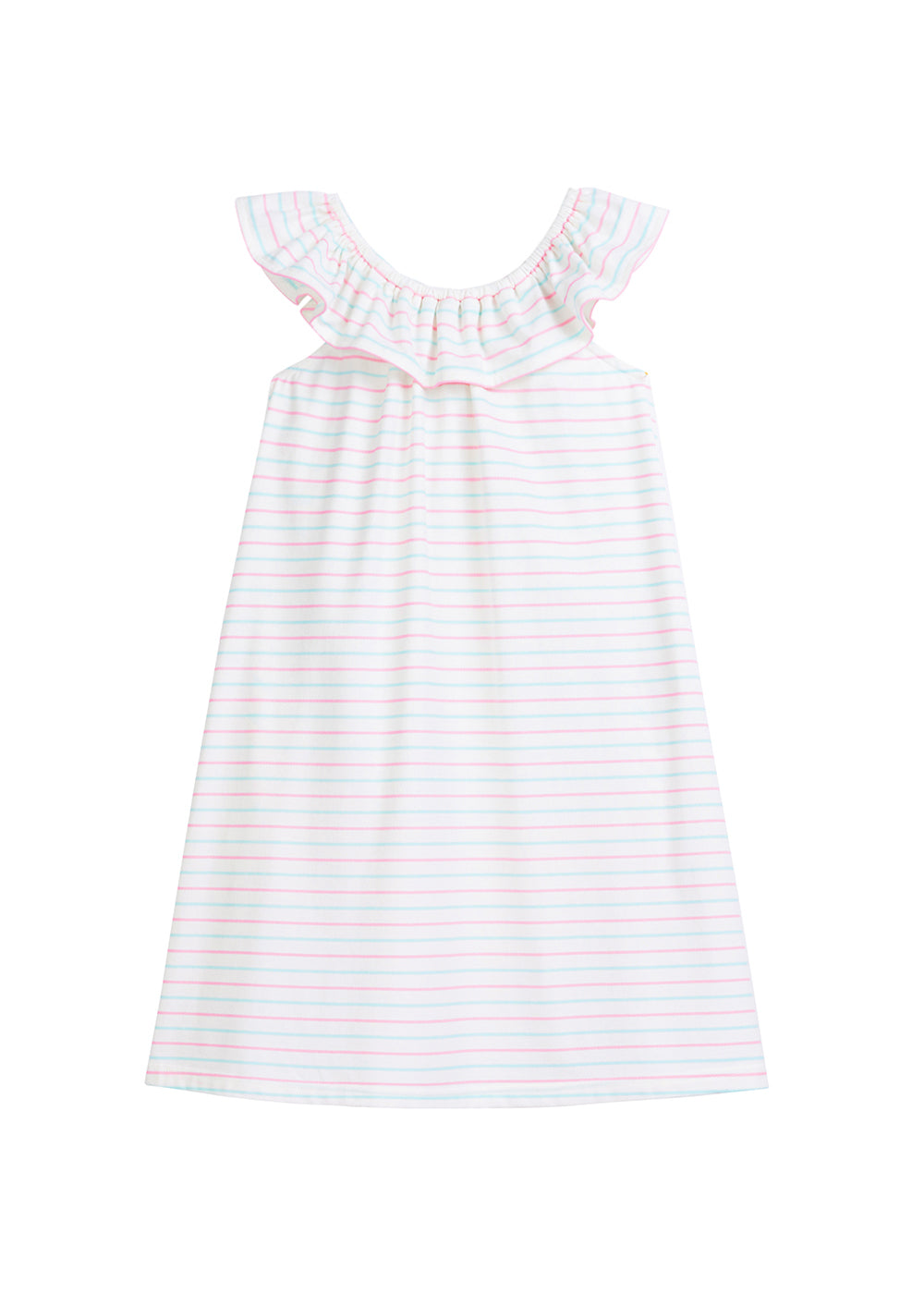 tween girls cotton shift dress with pink and aqua stripes with ruffles necklin