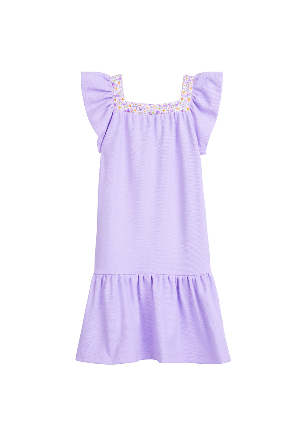 tween girls drop hem dress with floral trim around the neck