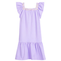 tween girls drop hem dress with floral trim around the neck