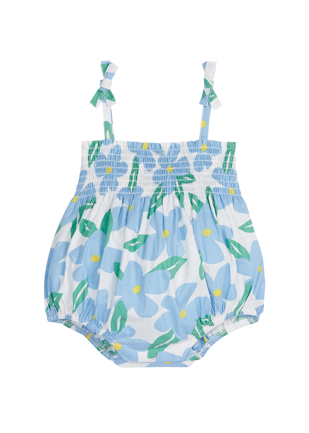 baby girl bubble with ruched chest, spaghetti straps with bows in a blue floral pattern