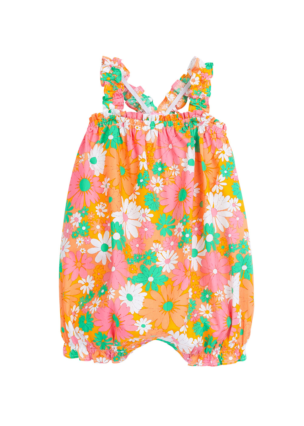 baby girl bubble with ruffled straps in orange pink and green floral pattern