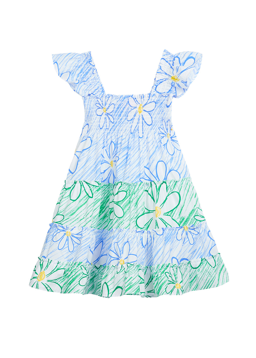 girls tween green and blue colorblock dress with ruffle sleeves with daisies 