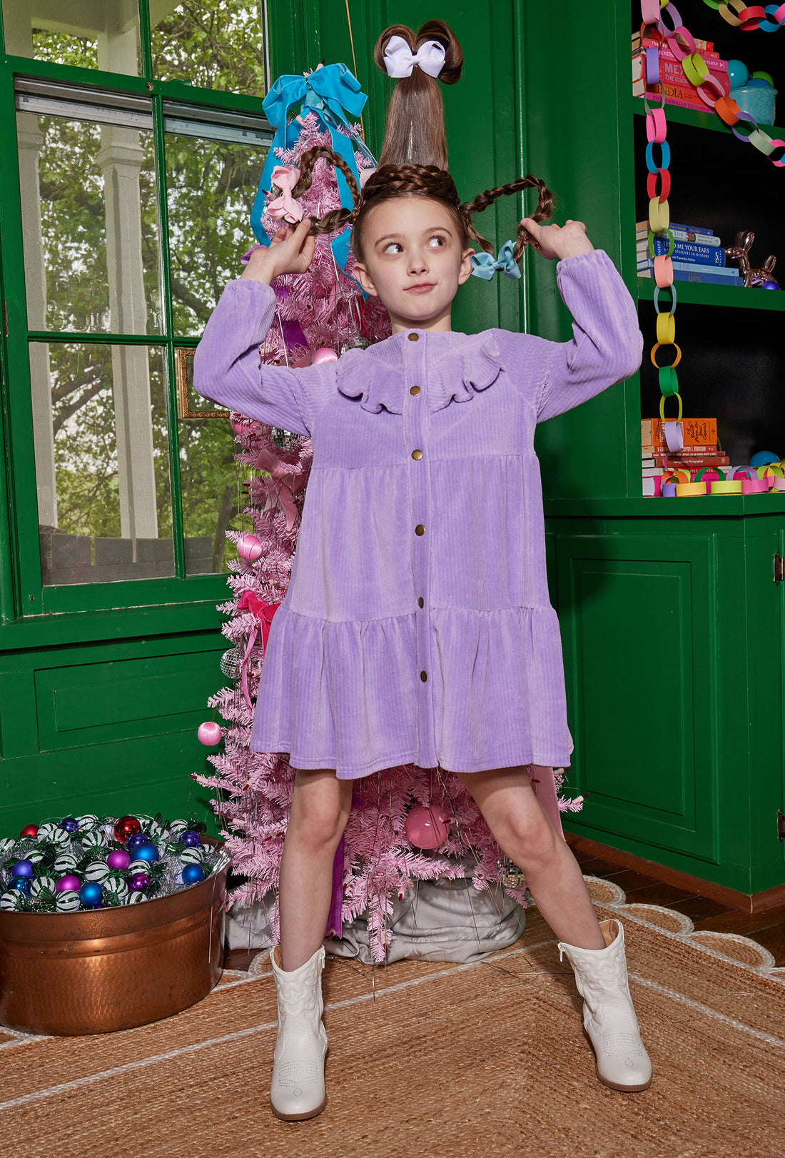 Model can be seen rocking our Western Dress in our Lilac Corduroy--BISBY girl
