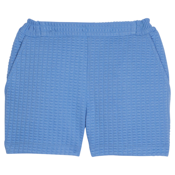 Girl blue basic short with elastic waistband and pockets with waffle knit pattern