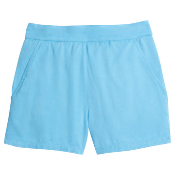 Girls basic short in blue made out of a rayon material for a more elevated look. Extremely soft fabric that has pockets in the front and an elastic waistband for a relaxed fit.