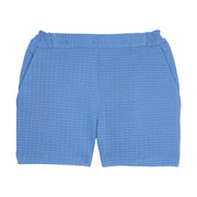 Girl blue basic short with elastic waistband and pockets with waffle knit pattern