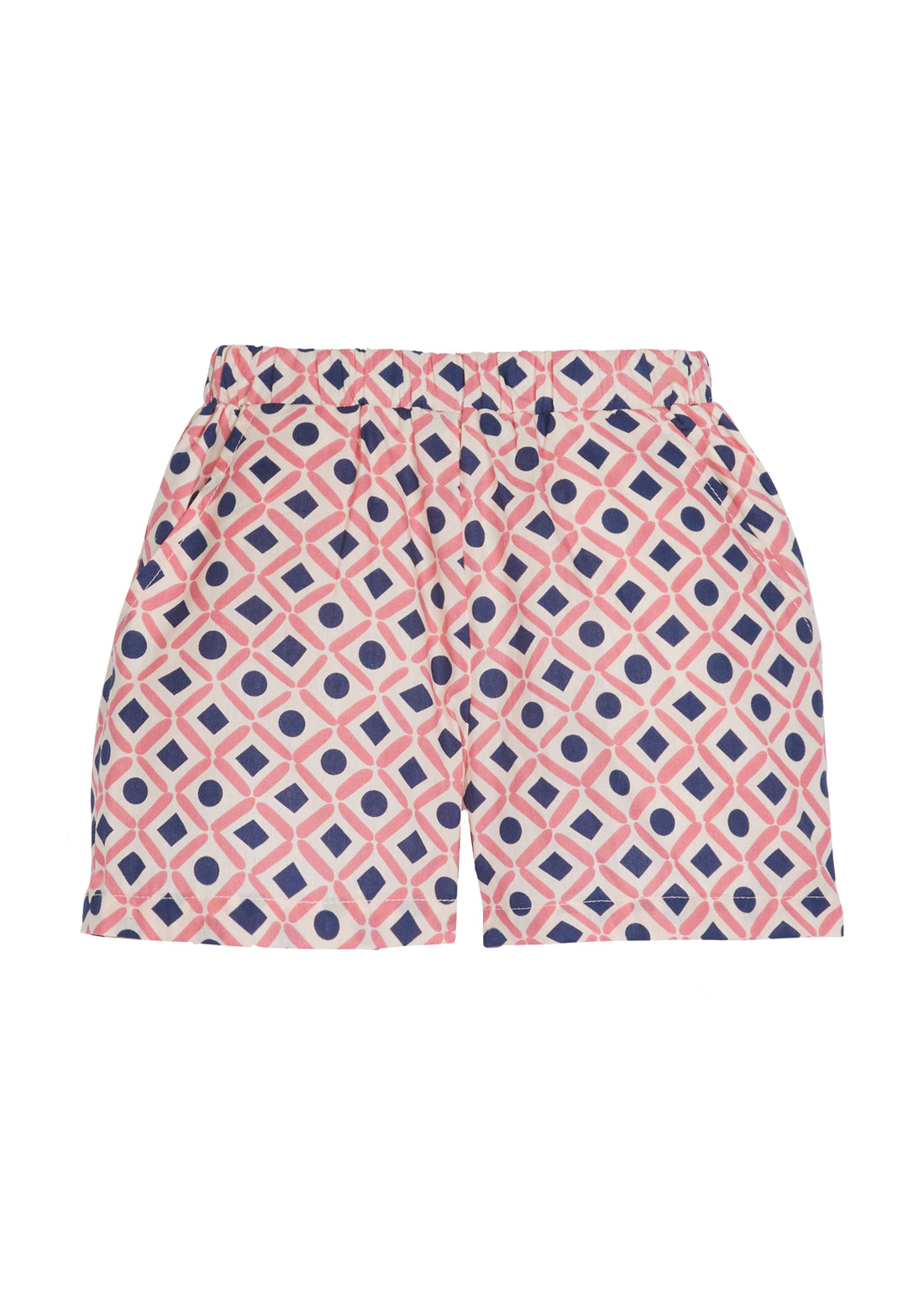 tween girls shorts with navy and rose geometric patterns