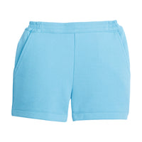 Tween girl basic shorts in our turquoise pique. These shorts have pockets and an elastic waistband making them a perfect basic for spring and summer!