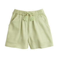 BISBY basic shorts with elastic cinched waist and bow tassel in front in vine linen