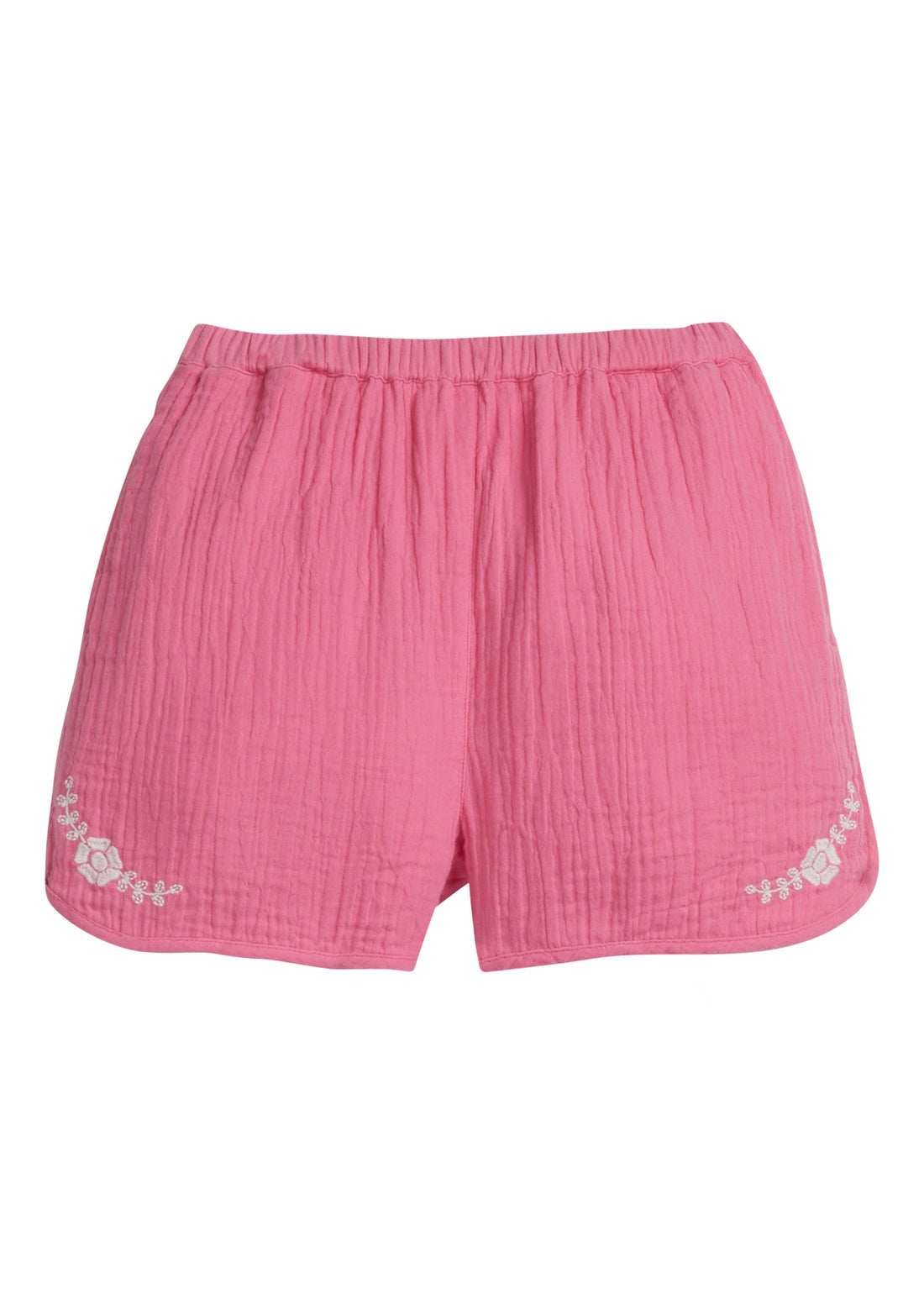 Girls/Tween hot pink gauze shorts that 
feature an elastic waistband and white embroidery detail on front of shorts as well. 