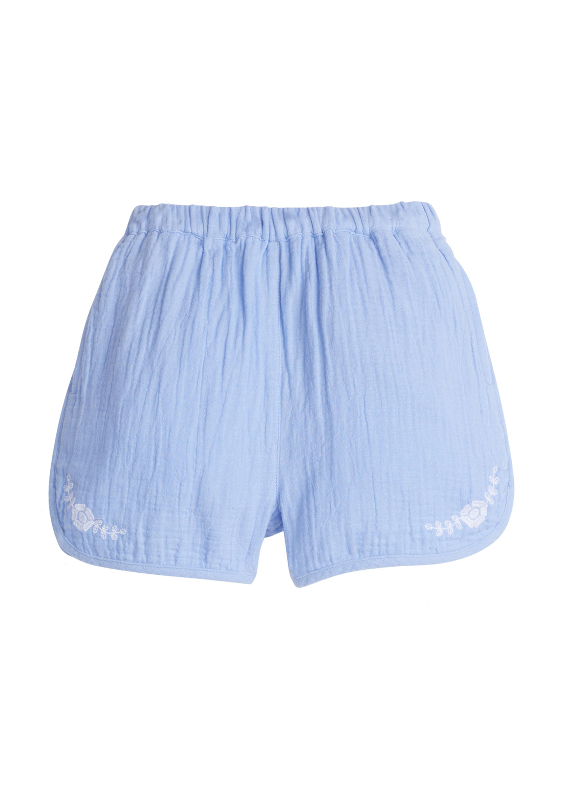 Girls/Tween hydrangea blue gauze shorts that feature an elastic waistband and white embroidery detail on front of shorts as well.