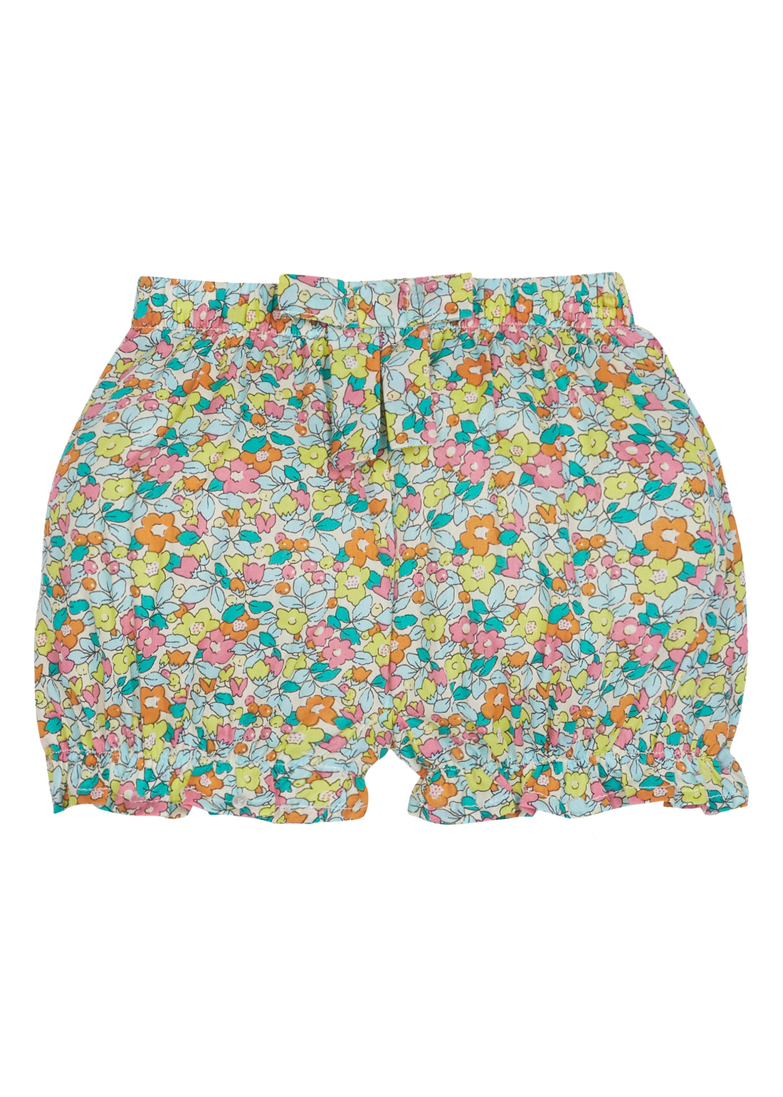 baby girl bloomers in a bright orange yellow pink and blue floral pattern