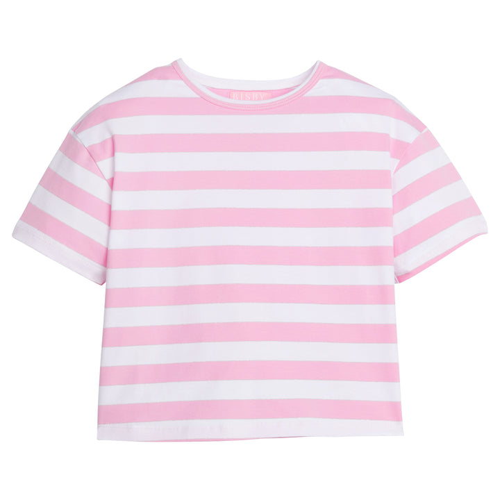 BISBY tween/ girl slightly cropped t-shirt. Includes thick white and pink stripes with a thin silver stripe to add a little sparkle to the tee!