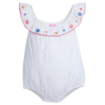 BISBY baby girl Kate bubble in out flower market embroidery. This bubble has a sweet ruffle neckline that has pink pom poms lining the edge. It also has our beautiful pink, blue, and yellow flowers embroidered along the neckline.