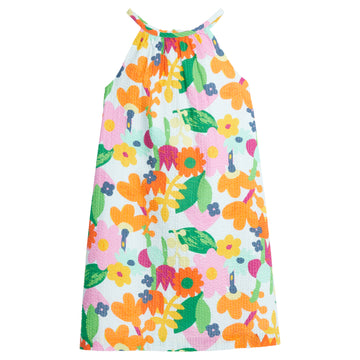 Our BISBY girl Halter Swing Dress is a new style for us, featuring a seersucker cotton material that is super lightweight and perfect for spring/summer. It has a beautiful vibrant floral print and a high neckline with button enclosures along the back for a relaxed flowy fit.