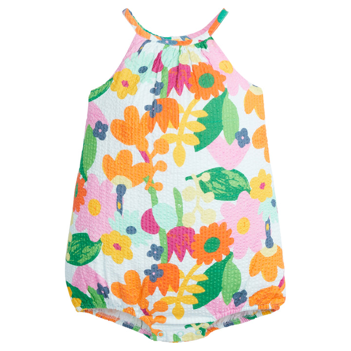 BISBY baby Halter Bubble is a new style for us! It is made of a seersucker cotton material, making it super lightweight and comfy for your sweet girl. There are button enclosures along the back and the stride making it easy to get in and out of. Our Sun Kissed Seersucker is a show stopper featuring beautiful vibrant florals your little one will love!