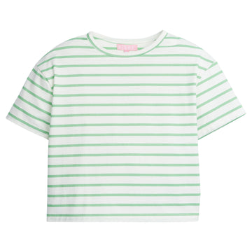 Girl basic tee, slightly cropped, with green and white stripes. Super soft and stretchy material for your BISBY girl