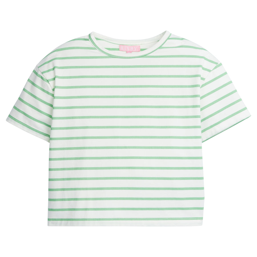 Girl basic tee, slightly cropped, with green and white stripes. Super soft and stretchy material for your BISBY girl