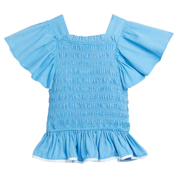 BISBY India Top in Blue features ruching along the body for loose and stretchy fit. It is made out of a soft rayon blend, with perfect angel sleeves for an extra wow factor. The bottom of the shirt has a light blue piping around the bottom to contrast with the light blue body.