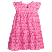 BISBY girl/tween dress featuring a gorgeous eyelet embroidery in hot pink. Dress has a button closure on the back making it easy to put on and off your sweet BISBY girl!