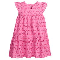 BISBY girl/tween dress featuring a gorgeous eyelet embroidery in hot pink. Dress has a button closure on the back making it easy to put on and off your sweet BISBY girl!