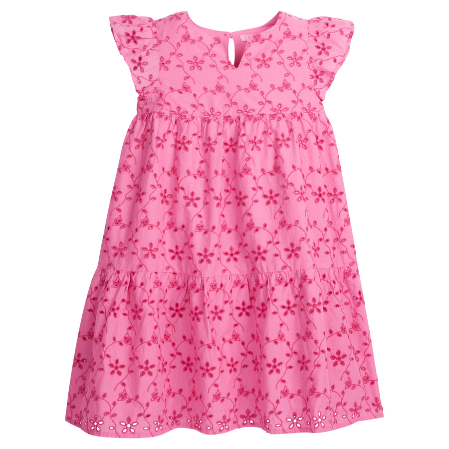 BISBY girl/tween dress featuring a gorgeous eyelet embroidery in hot pink. Dress has a button closure on the back making it easy to put on and off your sweet BISBY girl!