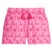 BISBY girl/tween shorts with pockets and an elastic waistband with fixed tie/tassles. Shorts also contain a beautiful eyelet embroidery in the hot pink