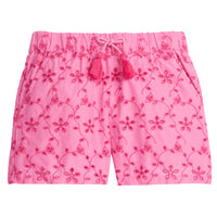 BISBY girl/tween shorts with pockets and an elastic waistband with fixed tie/tassles. Shorts also contain a beautiful eyelet embroidery in the hot pink