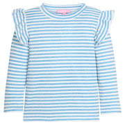 Girls/tween blue and white sparkle striped long-sleeve knit shirt that features angel sleeve detail at sleeves to elevate the look. 