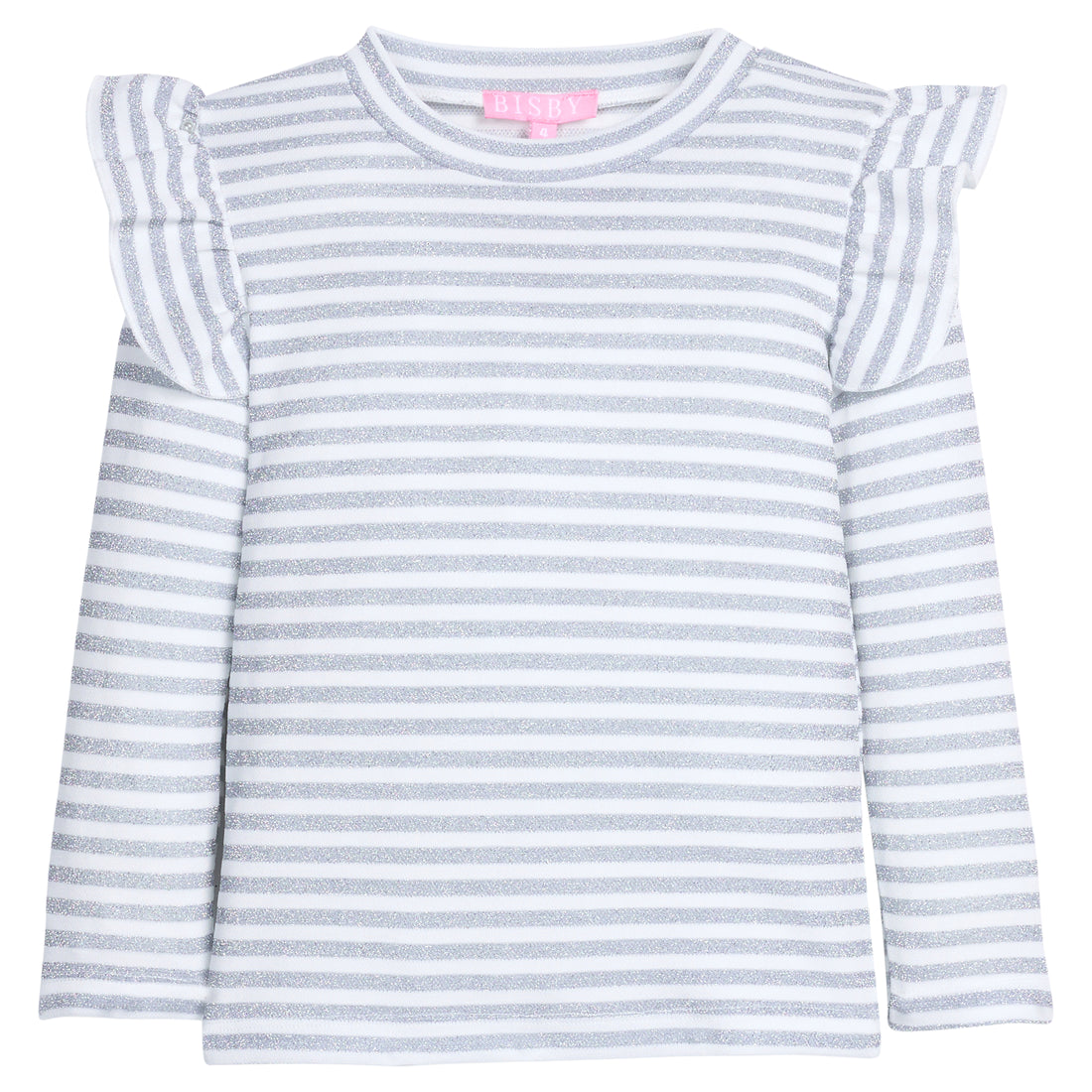 Girls/tween white and sparkly silver striped long-sleeve shirt with ruffled angel sleeve detail at shoulders.
