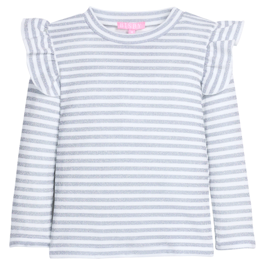 Girls/tween white and sparkly silver striped long-sleeve shirt with ruffled angel sleeve detail at shoulders.