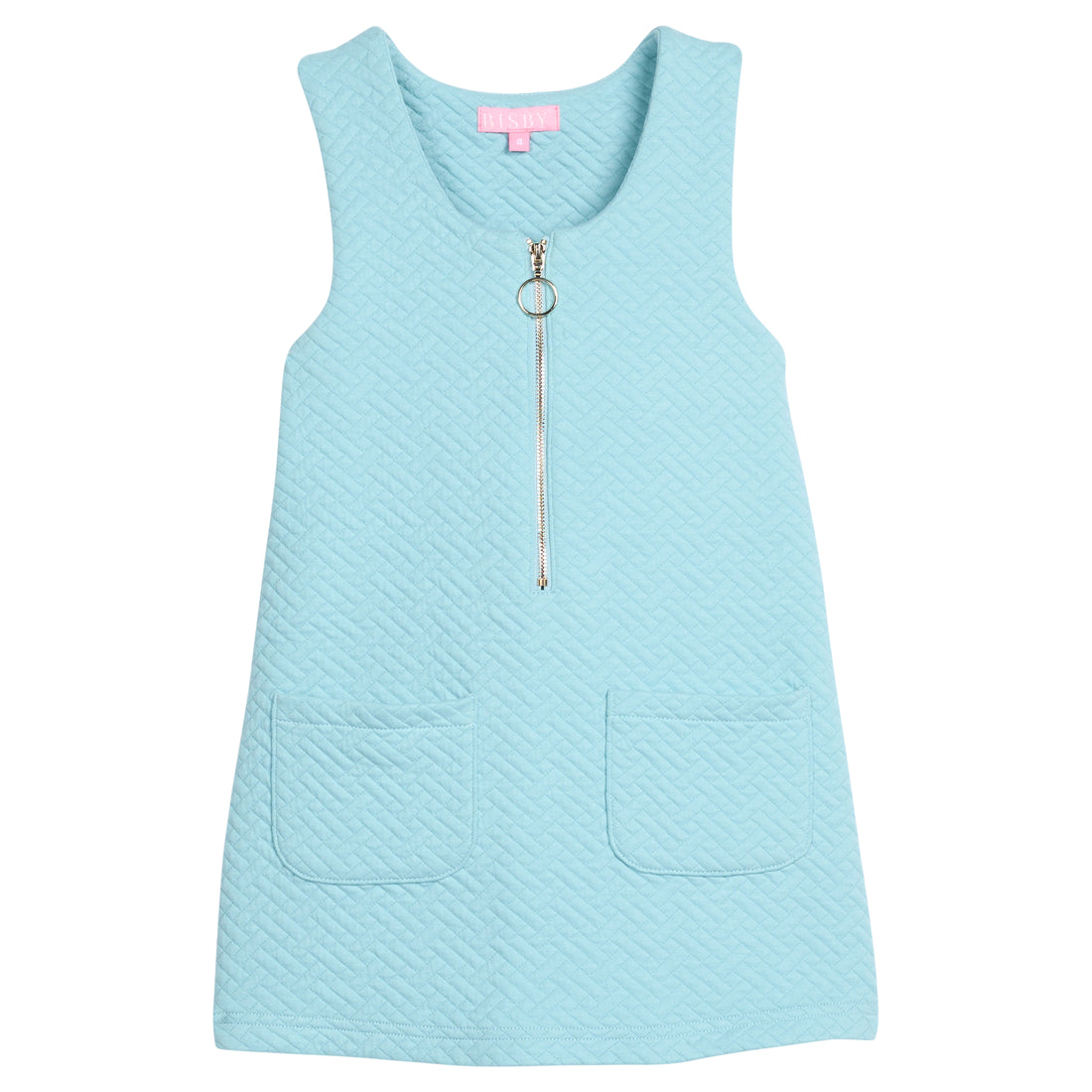 Girls/tween quilted jumper in aqua that features functional pockets in front of jumper and gold quarter zip sweater for an elevated look.