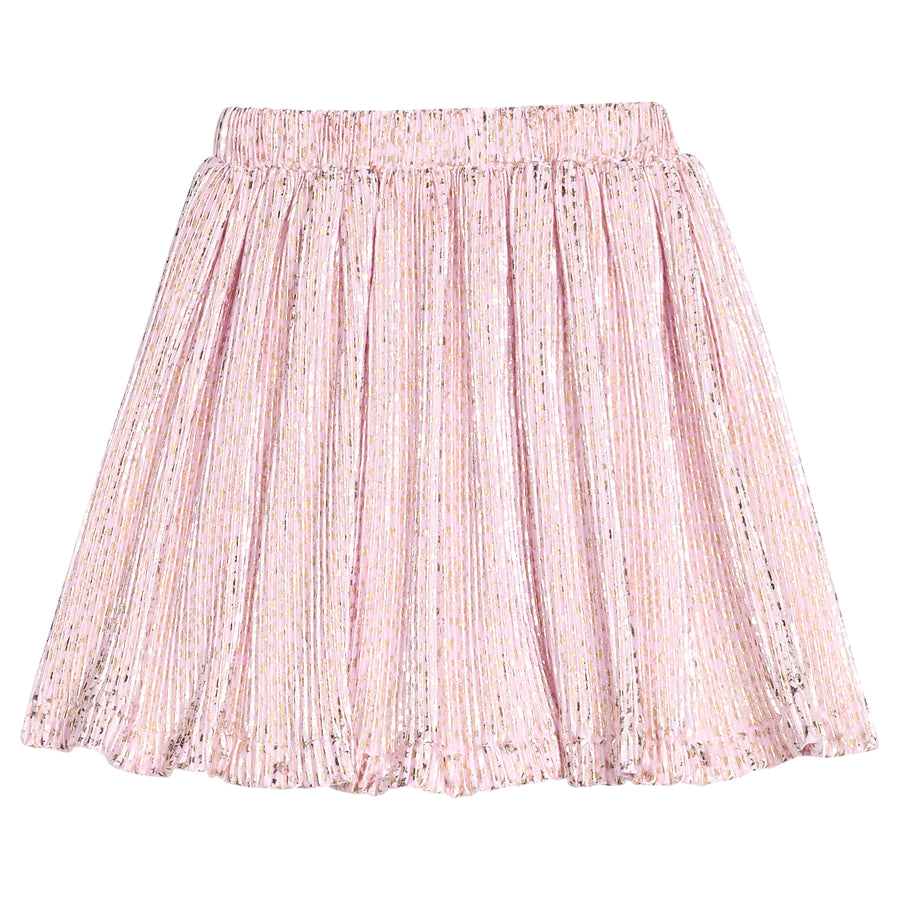 Pink crinkle skort with gold stars on a white background