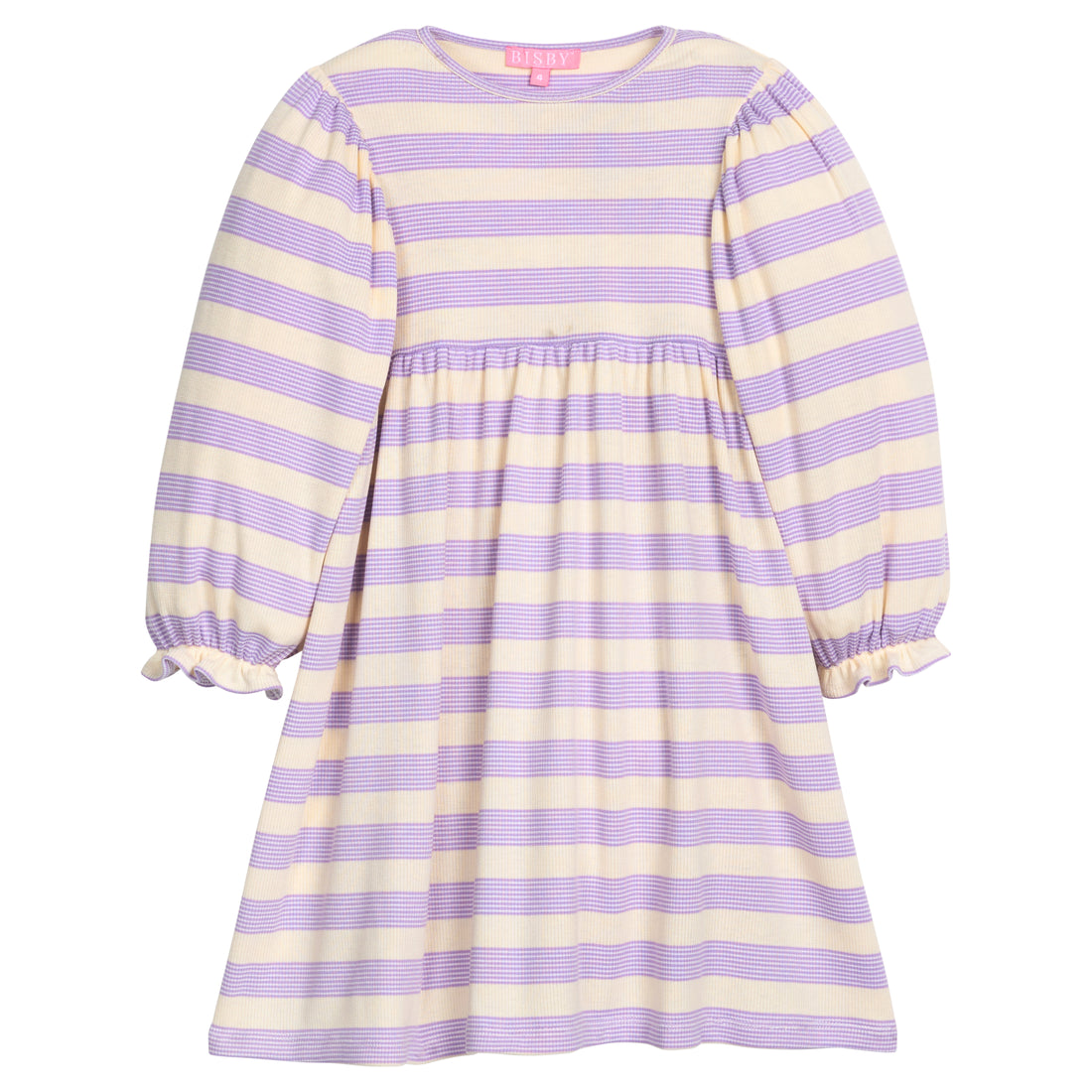 Purple and white striped knit dress that has elastic cuffs at sleeves for a relaxed fit.
