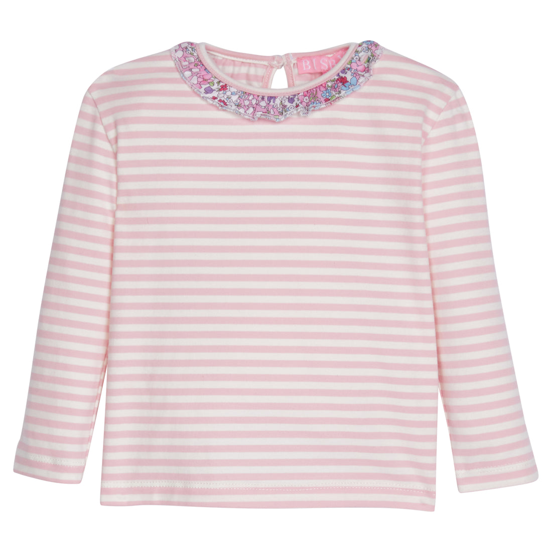 Light Pink and white stripe t-shirt with a cute ruffle around neckline in our Pimlico Pink floral print. The purple and pink in the pimlico floral ties in great with the pink on the super soft t-shirt--BISBY girl