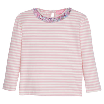 Light Pink and white stripe t-shirt with a cute ruffle around neckline in our Pimlico Pink floral print. The purple and pink in the pimlico floral ties in great with the pink on the super soft t-shirt--BISBY girl