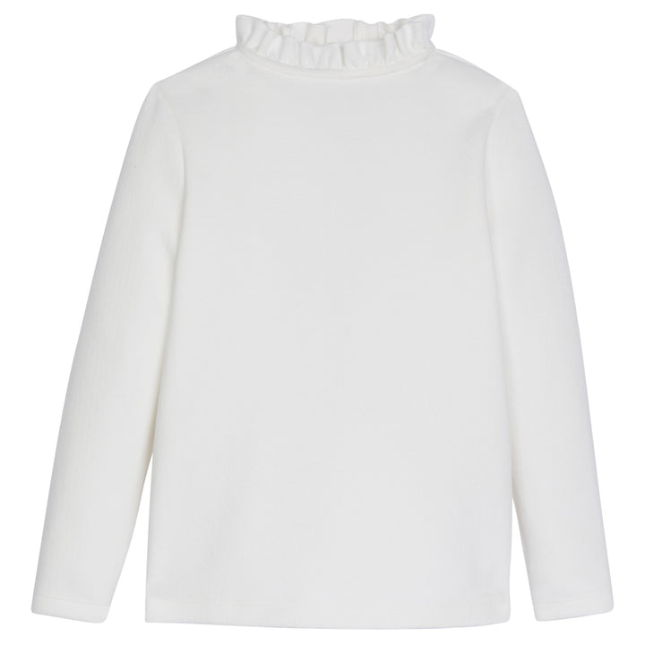 This Tinsley Top in white haw ruffles around the neckline, giving a slight turtleneck feature--BISBY