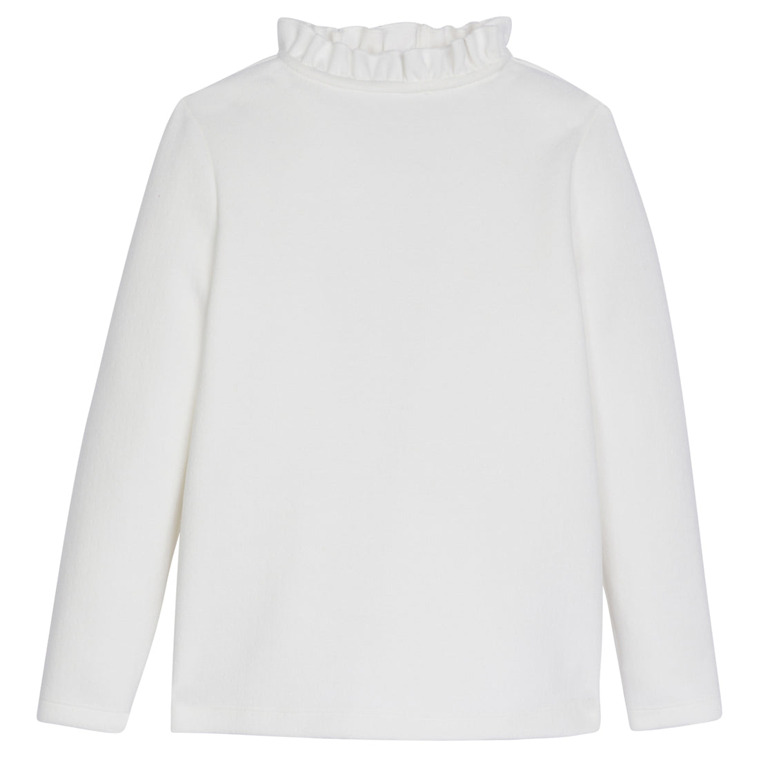 This Tinsley Top in white haw ruffles around the neckline, giving a slight turtleneck feature--BISBY