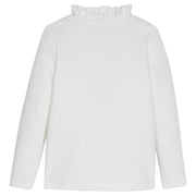 Girls/tween knit top in white that features  ruffles around the neckline, giving a slight turtleneck feature--BISBY
