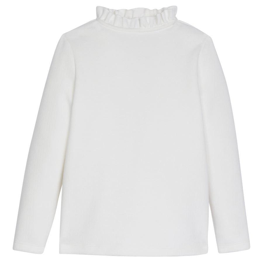 This Tinsley Top in white haw ruffles around the neckline, giving a slight turtleneck feature--BISBY