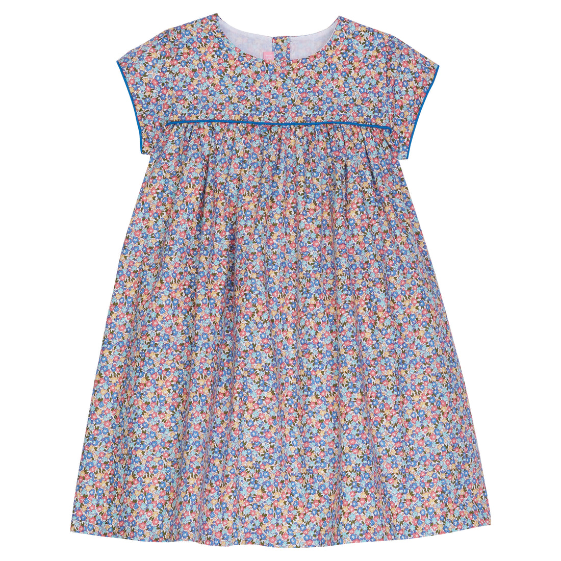 Our Charlotte dress in Devon Floral Blue details a beautiful mix of red, yellow., and blue flowers. There is a solid blue trim around the arms and across bust adding a more structured look--BISBY girl